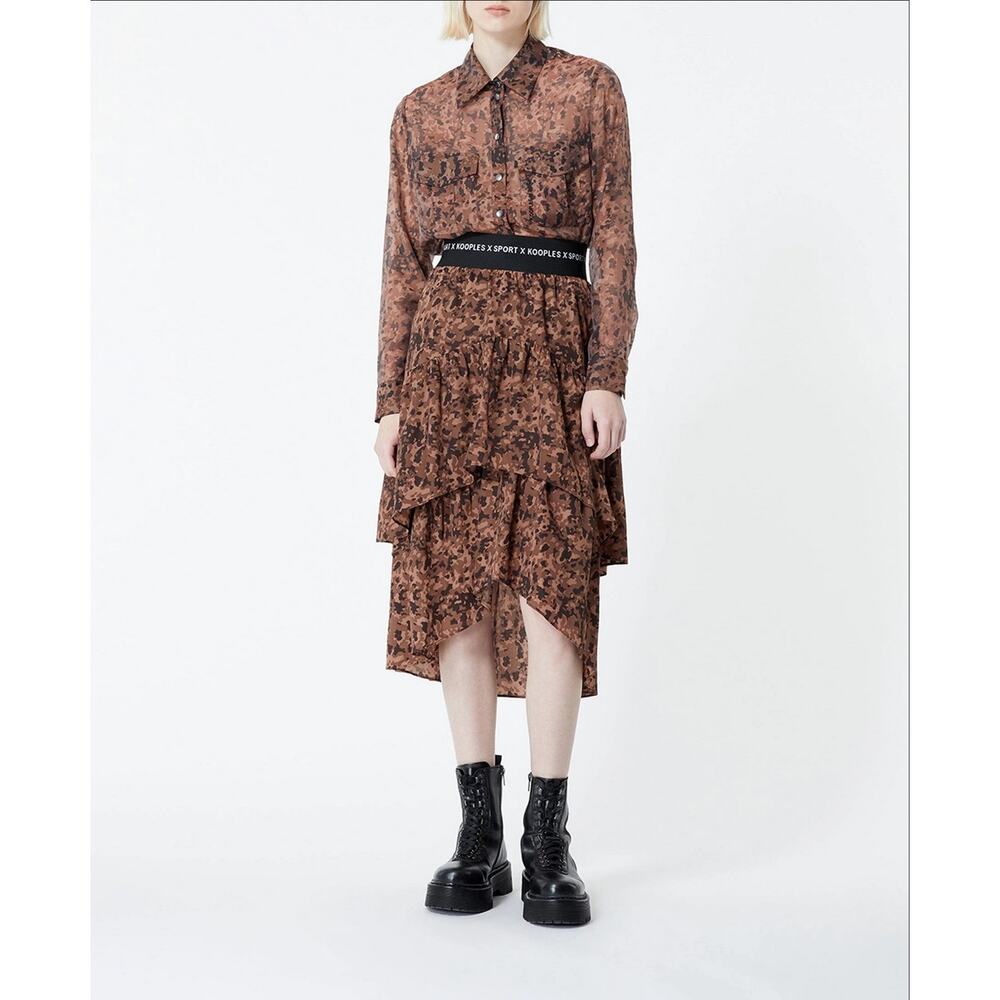 Kooples Sport Long Flowing Tiered Camoflage Printed Midi Skirt - Brown